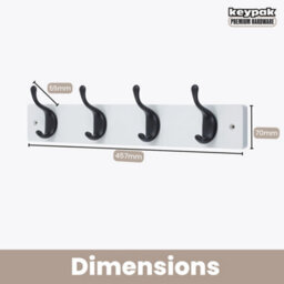 Keypak 4 Matte Black Coat Hooks On White Wooden Board - 46Cm Modern Wall Mounted Coat Rack Clothes Hanger - thumbnail 3