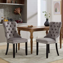 BTM Set Of 6 Modern Velvet Dining Chairs, Button Tufted With Solid Wood Legs And Knocker Ring For Dining Or Living Room (Grey) - thumbnail 3