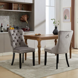 BTM Set Of 6 Modern Velvet Dining Chairs, Button Tufted With Solid Wood Legs And Knocker Ring For Dining Or Living Room (Grey) - thumbnail 2