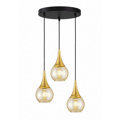 Luminosa Lighting Luminosa Lacrima Cluster Pendant Ceiling Light Black, Gold Amber Glass Shade 3X E27