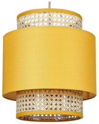 Wyld And Coco Pendant Lamp Natural Yellow Rattan And Fabric Shade, Adjustable Cord, Boho Lighting - thumbnail 1