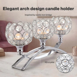 Silver 3 Arms Arch Crystal Candle Holder Tealight Candlestick - thumbnail 3