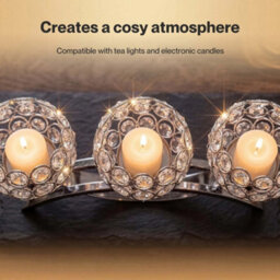 Silver 3 Arms Arch Crystal Candle Holder Tealight Candlestick - thumbnail 4