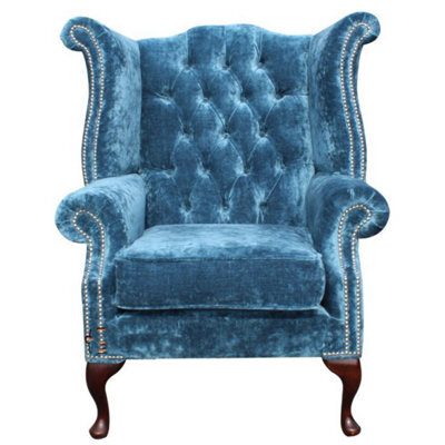 Chesterfield High Back Chair Elegance Teal Velvet Fabric In Bespoke Queen Anne Style - image 1