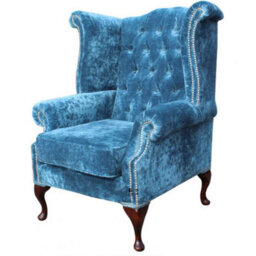 Chesterfield High Back Chair Elegance Teal Velvet Fabric In Bespoke Queen Anne Style - thumbnail 3