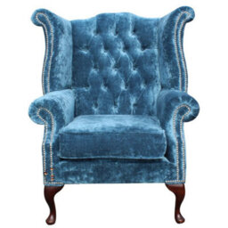 Chesterfield High Back Chair Elegance Teal Velvet Fabric In Bespoke Queen Anne Style - thumbnail 1