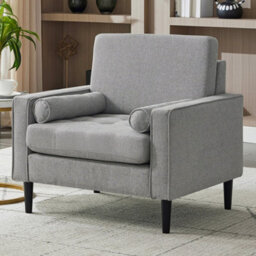 Living And Home Mid-Century Grey Linen Single Sofa Armchair With Armrest Pillow