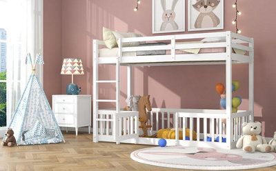 Btm 3Ft Solid Wood Bunk Bed White With Door Fence Fall Protection
