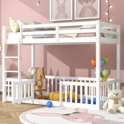 Btm 3Ft Solid Wood Bunk Bed White With Door Fence Fall Protection And Railings For Kids 190X90Cm - thumbnail 2