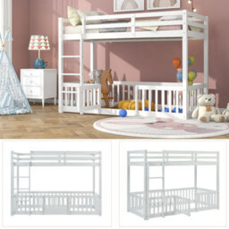 Btm 3Ft Solid Wood Bunk Bed White With Door Fence Fall Protection And Railings For Kids 190X90Cm - thumbnail 4
