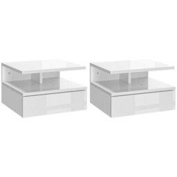 Homcom Nightstand Set Of 2, Wall Mounted Bedside Cabinet, High Gloss White - thumbnail 2