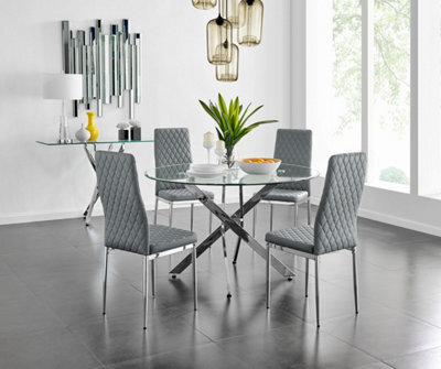 Furniturebox Novara Clear Tempered Glass 120Cm Round Dining Table With Chrome Starburst Legs & 4 Grey Milan Faux Leather Chairs - image 1