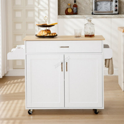 Modern White Rolling Kitchen Cabinet With Natural Wood Top Storage Drawer And Dual Door Cupboard - image 1