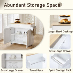 Modern White Rolling Kitchen Cabinet With Natural Wood Top Storage Drawer And Dual Door Cupboard - thumbnail 8