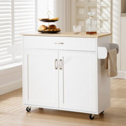 Modern White Rolling Kitchen Cabinet With Natural Wood Top Storage Drawer And Dual Door Cupboard - thumbnail 9