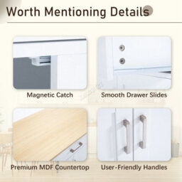 Modern White Rolling Kitchen Cabinet With Natural Wood Top Storage Drawer And Dual Door Cupboard - thumbnail 6