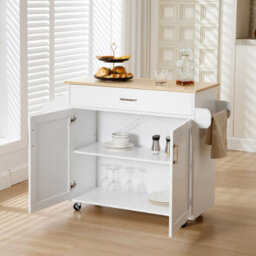 Modern White Rolling Kitchen Cabinet With Natural Wood Top Storage Drawer And Dual Door Cupboard - thumbnail 7
