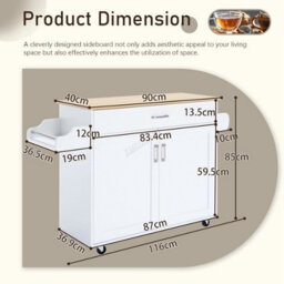 Modern White Rolling Kitchen Cabinet With Natural Wood Top Storage Drawer And Dual Door Cupboard - thumbnail 4