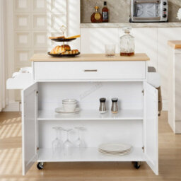 Modern White Rolling Kitchen Cabinet With Natural Wood Top Storage Drawer And Dual Door Cupboard - thumbnail 5