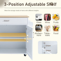 Modern White Rolling Kitchen Cabinet With Natural Wood Top Storage Drawer And Dual Door Cupboard - thumbnail 2