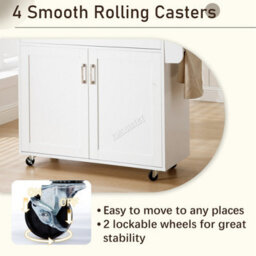 Modern White Rolling Kitchen Cabinet With Natural Wood Top Storage Drawer And Dual Door Cupboard - thumbnail 3