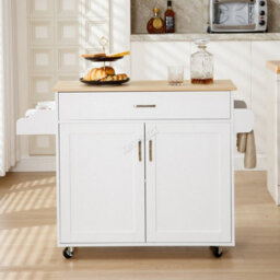 Modern White Rolling Kitchen Cabinet With Natural Wood Top Storage Drawer And Dual Door Cupboard