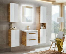 Impact Furniture Tall Bathroom Cabinet Slim Narrow Tallboy Wall Hung Storage Unit White Gloss And Oak Floating Modern Shelving Aruba - thumbnail 4