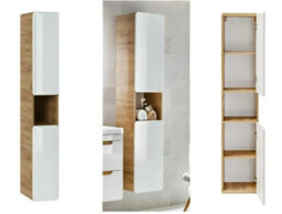 Impact Furniture Tall Bathroom Cabinet Slim Narrow Tallboy Wall Hung Storage Unit White Gloss And Oak Floating Modern Shelving Aruba