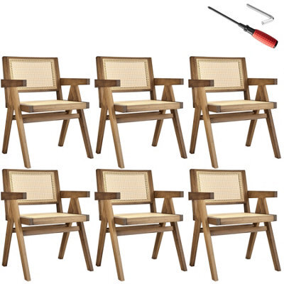Tectake Set Of 6 Dining Chair Lizzy With Mid-Century Modern Design, Rattan Backrest And Solid Wood Frame - Light Oak - image 1