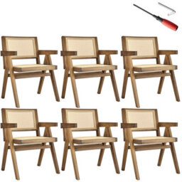 Tectake Set Of 6 Dining Chair Lizzy With Mid-Century Modern Design, Rattan Backrest And Solid Wood Frame  - Light Oak