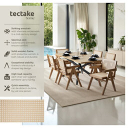 Tectake Set Of 6 Dining Chair Lizzy With Mid-Century Modern Design, Rattan Backrest And Solid Wood Frame  - Light Oak - thumbnail 2