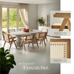 Tectake Set Of 6 Dining Chair Lizzy With Mid-Century Modern Design, Rattan Backrest And Solid Wood Frame  - Light Oak - thumbnail 4