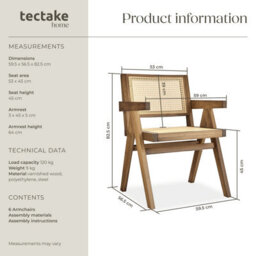 Tectake Set Of 6 Dining Chair Lizzy With Mid-Century Modern Design, Rattan Backrest And Solid Wood Frame  - Light Oak - thumbnail 6
