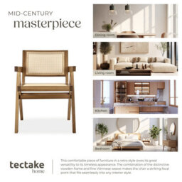 Tectake Set Of 6 Dining Chair Lizzy With Mid-Century Modern Design, Rattan Backrest And Solid Wood Frame  - Light Oak - thumbnail 7