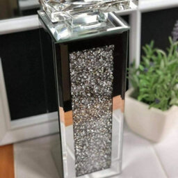 Deenz Set Of 2 Crushed Diamond Crystal Candle Holder Tealight Holder Clear Silver Mirror Glass Tall Pillar Taper Home Decor 25Cm