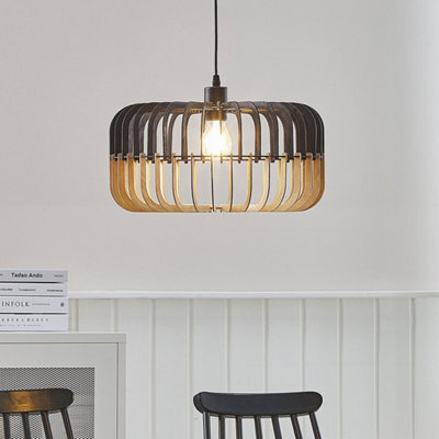Beliani Hanging Pendant Lamp In Light Wood And Matt Black Finish, W40 X D40 X H124 Cm - image 1