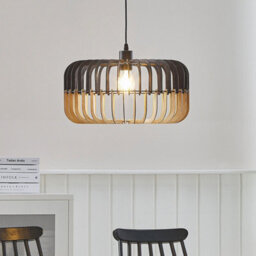 Beliani Hanging Pendant Lamp In Light Wood And Matt Black Finish, W40 X D40 X H124 Cm - thumbnail 1