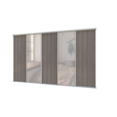 A-Class Sliding Doors Set Of 5 Dark Oak & Mirror Sliding Wardrobe Door Kit, Silver Frame & Tracks, Opening Height (H) 225-226Cm & Width (W) 295-296Cm - image 1