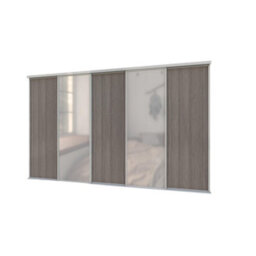 A-Class Sliding Doors Set Of 5 Dark Oak & Mirror Sliding Wardrobe Door Kit, Silver Frame & Tracks, Opening Height (H) 225-226Cm & Width (W) 295-296Cm - thumbnail 1