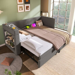Abrihome Upholstered Daybed 90X190 Cm 3Ft Single Sofa Bed With Cup Holders, Usb And Type C Charging, Pull Out Trundle, Linen Grey - thumbnail 9