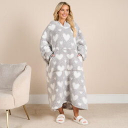 Ohs Heart Hoodie Blanket Extra Long Soft Oversized Wearable Throw - Grey - thumbnail 1