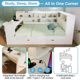 Abrihome Single Daybed With Bookcase & Computer Desk, 3Ft Sofa Bed With Storage, Drawers 90 X 190 Cm For Living Room, White - thumbnail 5