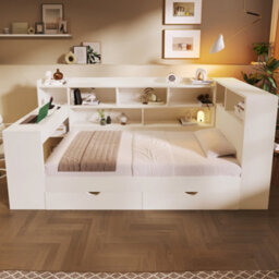 Abrihome Single Daybed With Bookcase & Computer Desk, 3Ft Sofa Bed With Storage, Drawers 90 X 190 Cm For Living Room, White - thumbnail 3