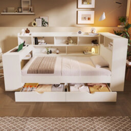 Abrihome Single Daybed With Bookcase & Computer Desk, 3Ft Sofa Bed With Storage, Drawers 90 X 190 Cm For Living Room, White - thumbnail 2