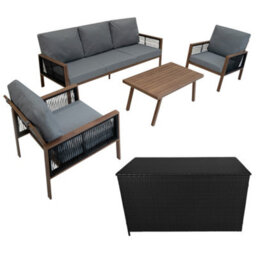 MonsterShop Garden Furniture Set 4 Piece Wood Effect Aluminium With Rattan Storage Box Black Outdoor 3 Seat Sofa 2 Armchairs Coffee Table - thumbnail 1