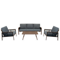 MonsterShop Garden Furniture Set 4 Piece Wood Effect Aluminium With Rattan Storage Box Black Outdoor 3 Seat Sofa 2 Armchairs Coffee Table - thumbnail 2