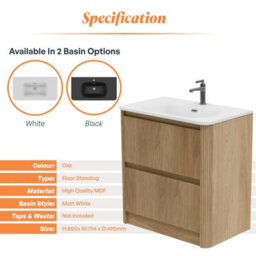 Plum&clay Isla Ribbed Fluted Oak Wood 2 Drawer Freestanding Bathroom Vanity Unit & White Basin Set (W)800mm - thumbnail 5