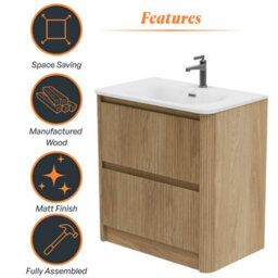 Plum&clay Isla Ribbed Fluted Oak Wood 2 Drawer Freestanding Bathroom Vanity Unit & White Basin Set (W)800mm - thumbnail 6