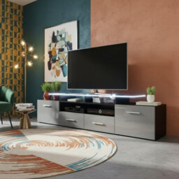 Evora 194Cm Modern Tv Unit Black Grey High Gloss Media Cabinet With Sleek Contemporary Design - thumbnail 1