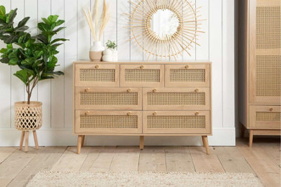 Birlea Brown Oak Chest Of 7 Drawers Rattan Mid Century Modern - image 1